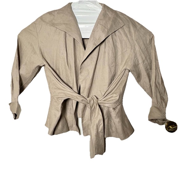 Zara Women's  Tie Blazer Light Brown Cropped Sz M Dressy Or Casual Cotton Blend - Picture 1 of 7